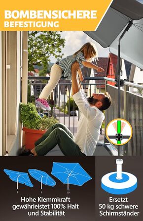 Menz Balcony Railing Umbrella Holder - Bomb-Proof Umbrella Holder for Balcony Railing as a Compact Balcony Umbrella Stand, Absolutely Universal Balcony Umbrella Holder in Black