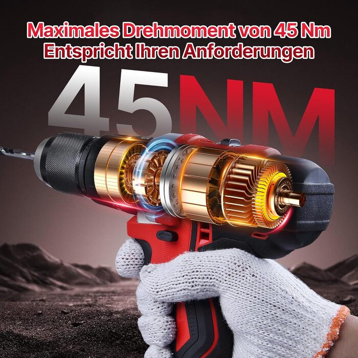 TEENO Акумуляторний дриль-шуруповерт 20V, 2x 2000 mAh, 45 Nm, 20+3 положення крутного моменту, 2-швидкісне редуктор, 0-1650 об/хв, патрон 13 мм, з аксесуарами та кейсом. Дві батареї.