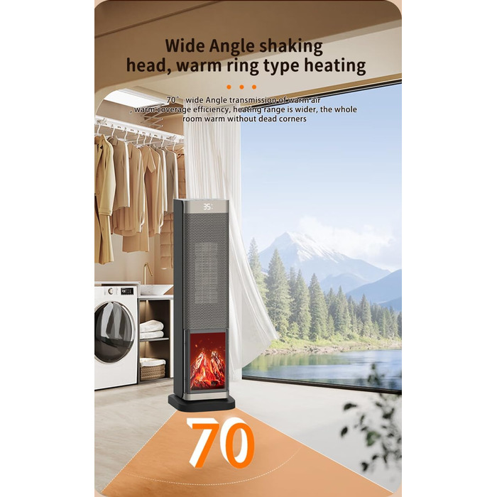 Електрична теплова гармата з пультом керування 2000W, 23 дюйми, 70° осциляція, 3D-полум'я, LED-дисплей, ECO-режим, таймер 12 годин - для дому, колір сріблястий