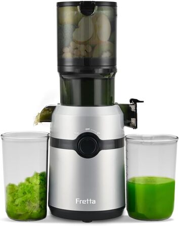 Fretta Slow Juicer with 108mm Opening & 1L Capacity, Juicer for Vegetables and Fruit - Test Winner, 200W Electric Juice Press with Cold Press, Easy Cleaning and Quiet Motor, BPA-free (Silver, 1L) 1L Silver