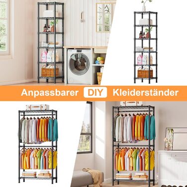 Розширюваний вішак для одягу, металевий гардеробний стійка з регульованими полицями, важкий, чорний