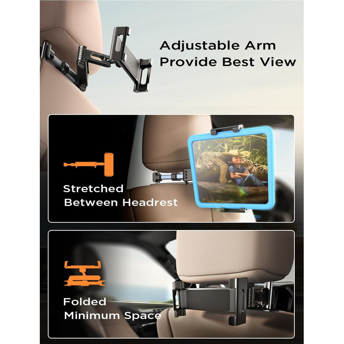 Утримувач для планшета в авто: універсальний кріплення на підголівник з 360° обертанням для Samsung Tab, iPad, Switch (4.7-11 дюймів)