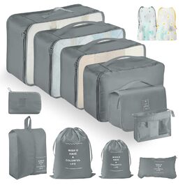 Набір органайзерів для валізи 13 шт., Packing Cubes, водонепроникні органайзери для подорожей та відпустки, дорожній органайзер з прозорими сумками (Сірий)