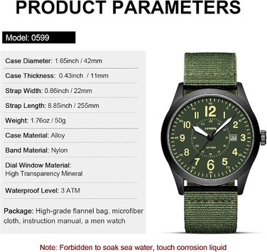 Годинник чоловічий LN LENQIN Military 30M водонепроникні годинники з датою, кварцові, тактичні, з нейлоновим ремінцем (зелено-чорний)