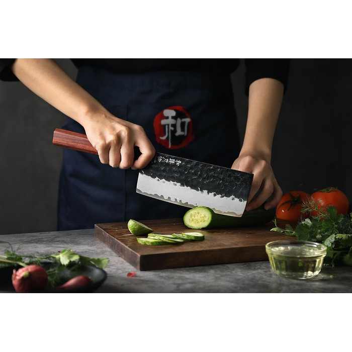 Ніж кухарський Santoku HEZHEN 18,5 см, сталь Дамаск, японський стиль Gyuto, дерев'яна рукоятка