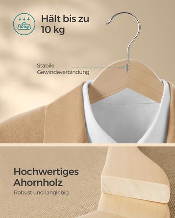 SONGMICS Wooden Clothes Hangers, 24-Piece Set, Wooden Hangers, Shoulder Indentations, Trouser Bar, Trouser Hanger, 360° Swivel Hook, for Jackets, Shirts, Coats, Natural Beige CRW010N24
