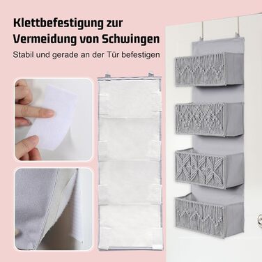 Органайзер для дверей з 4 кишенями, Бохо декор, настінна полиця-органайзер з 2 гачками, для спальні, дитячої кімнати, ванної (4 кишені-сірий)