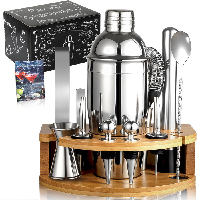 12-Piece Cocktail Shaker Set, 750ml Stainless Steel Cocktail Set with Bamboo Stand & Recipe Book, Cocktail Shaker Set, Gift for Men, Women (Home Bar, Party, Wedding)