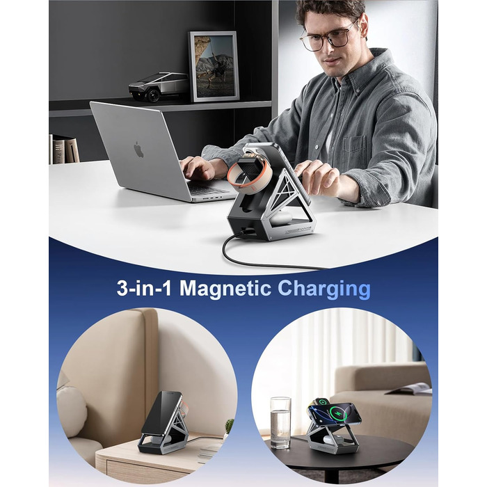 Зарядний пристрій NANAMI 3-в-1 MagSafe: для iPhone 17, 15, 14, 13, 12, Apple Watch, AirPods. Чорний, 15W, Qi2, MagSafe