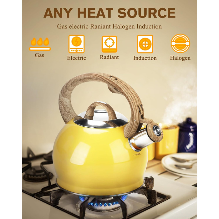 Чайник Teekessel 2.1 л з плитою, чайник з нержавіючої сталі з дерев'ястим малюнком, складаний ручка, підходить для всіх типів плит (Слонова кістка) (Жовтий)