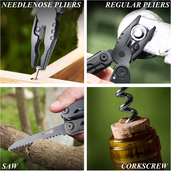 RoverTac Multitool Pocket Knife Tool Gifts: 18-in-1 Multifunction Tool Camping Accessories, Multitools Folding Knife Pliers Scissors Saw Corkscrew Bottle Opener, 9-Pack with Nylon Sheath