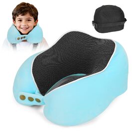 Подушка для шиї дитяча та доросла з піни Memory Foam, блакитна – підтримка 360°, регульована, складана, для подорожей (літак, авто, поїзд)