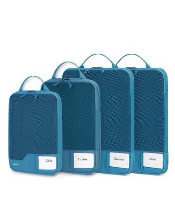 Органайзери для валіз ECOHUB (набір 4 шт) з мітками, екологічні, з перероблених матеріалів, для рюкзаків та валіз, з міцною сіткою, тревел-органайзери (зелений, блакитний)