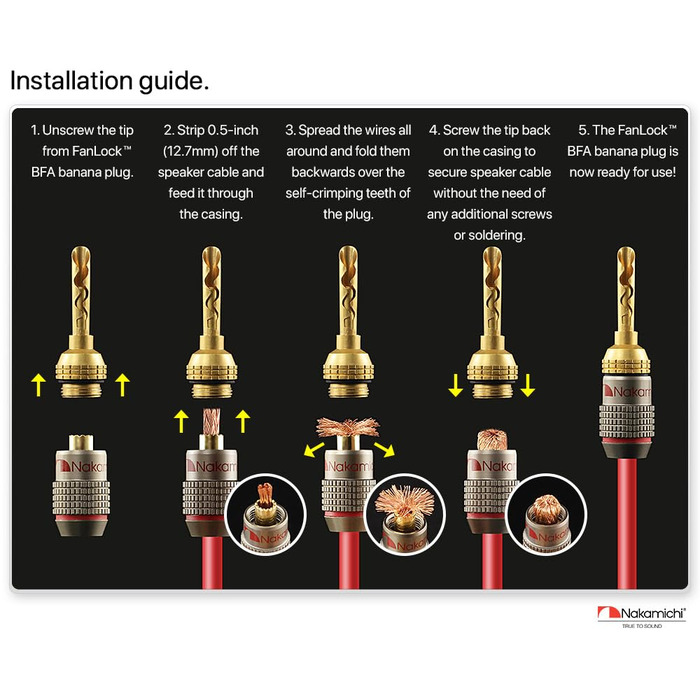 Бананові роз'єми Nakamichi FanLock Excel-Serie, 24K позолочені BFA коннектори для акустичних кабелів 10-18 AWG, 4 мм, для Hi-Fi стерео та домашнього кінотеатру, 4 шт (2 пари)