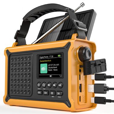Сонячне радіо Solar Radio з ручкою, 12000mAh, DAB/DAB+/UKW, радіо для надзвичайних ситуацій з сонячною панеллю 8500мм² та ручкою 650mA, радіо з динамо, Bluetooth, ліхтарик та зарядний пристрій USB, для кемпінгу, надзвичайних ситуацій (жовте)