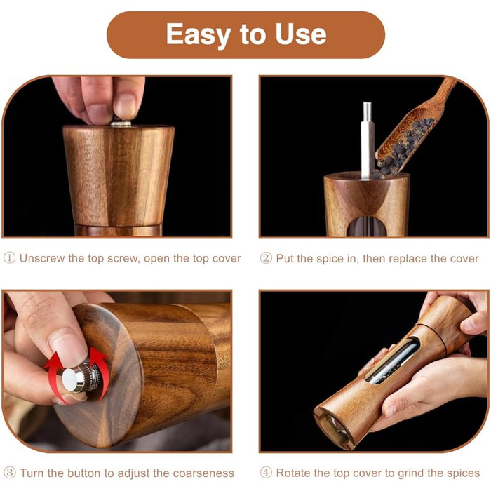 Дерев'яна мельниця для солі та перцю з підставкою, ручна, з регульованим керамічним жорном, 20 см