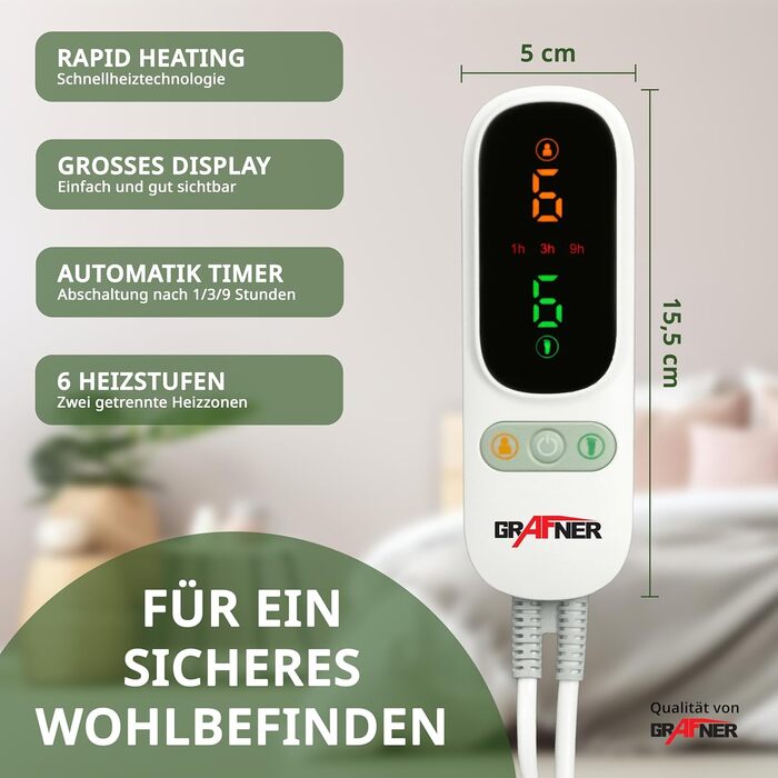 Електрична ковдра Grafner XL з двозонним підігрівом 190x90 см: тіло та ноги, LED пульт, 6 температур, захист від перегріву, автовимкнення, 78 Вт, пральна, 190x90