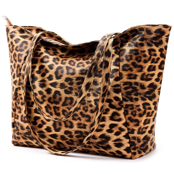 Сумка жіноча KALIDI шопер велика зі шкірозамінника (PU) з блискавкою для роботи, покупок, школи - Леопард