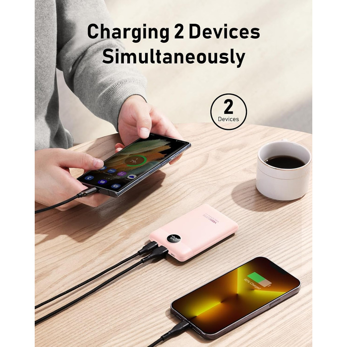 Powerbank VEEKTOMX 10000mAh з PD3.0 та QC3.0, 22,5W, Mini, USB-C, для iPhone/iPad/Samsung/Huawei/Xiaomi/OnePlus, білий/рожевий