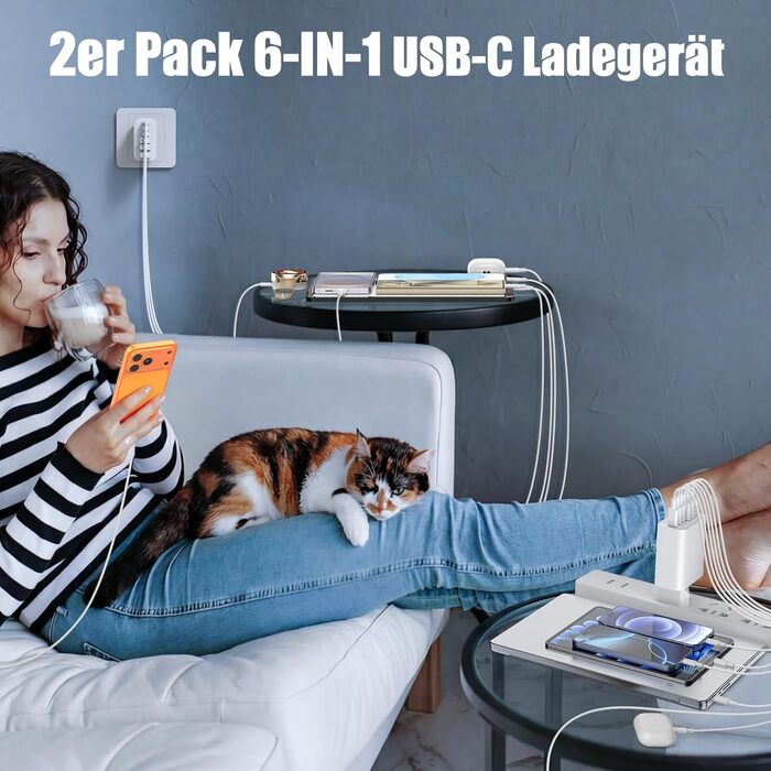 Зарядний пристрій 65W USB-C для iPhone 17/16/15/14/13/12 та Samsung S25/S24/S23/S22, 6 портів (USB-C + USB-A), швидка зарядка, адаптер живлення 2 шт.