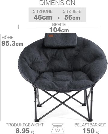 Крісло-місяць EVER ADVANCED Luxus XXL для кемпінгу, складне, до 150 кг, чорне. З подушкою, для саду, балкону, приміщення.