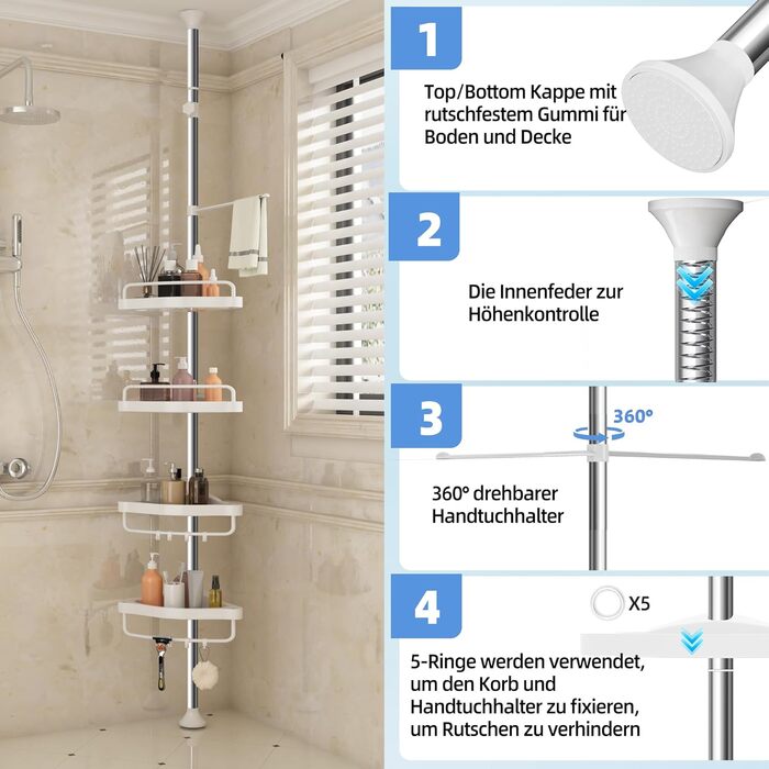 GOOPOOL Adjustable Height Shower Caddy, No Drilling Required, Rustproof Corner Shelf, Bathroom Organizer, Bathroom Storage Shelf with 4 Baskets and 1 Towel Holder for Bathtub and Bathroom, 70-320M White