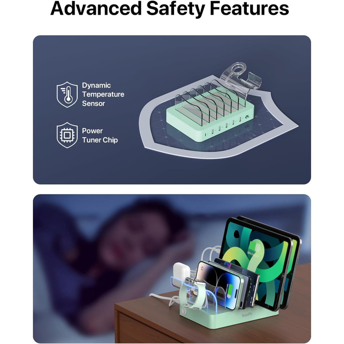 Зарядна станція SooPii USB 60W/12A, 6 портів, органайзер для декількох пристроїв з тримачем для Apple Watch, 6 кабелів для телефонів, планшетів та інших електронних пристроїв. Зелена