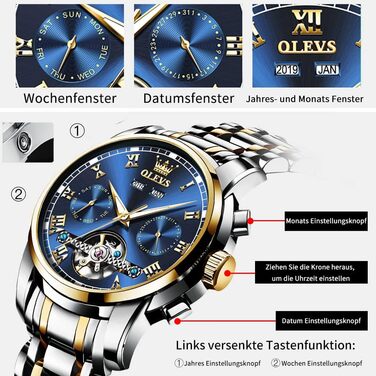 Годинник чоловічий OLEVS Automatik Gold чорний з турбійоном, календарем, водонепроникний, світловий, двоколірний, чоловічий, синій/золотий