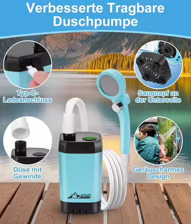WADEO Portable Camping Shower with Battery and Pump, Camping Shower with Rechargeable 6000/8000mAh Battery, Mobile Showers Outdoor Showers with Shower Head and Hose, for Camping, Travel, Garden, Car Washing (Blue, with Double Digital Display)