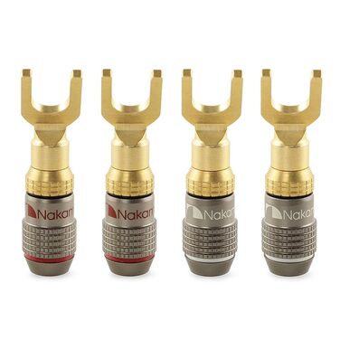 Позолочений Y-подібний роз'єм Nakamichi FanLock Excel-Serie для акустичних кабелів 10-18 AWG, 4мм, для Hi-Fi стерео та домашнього кінотеатру, 4 шт (2 пари)