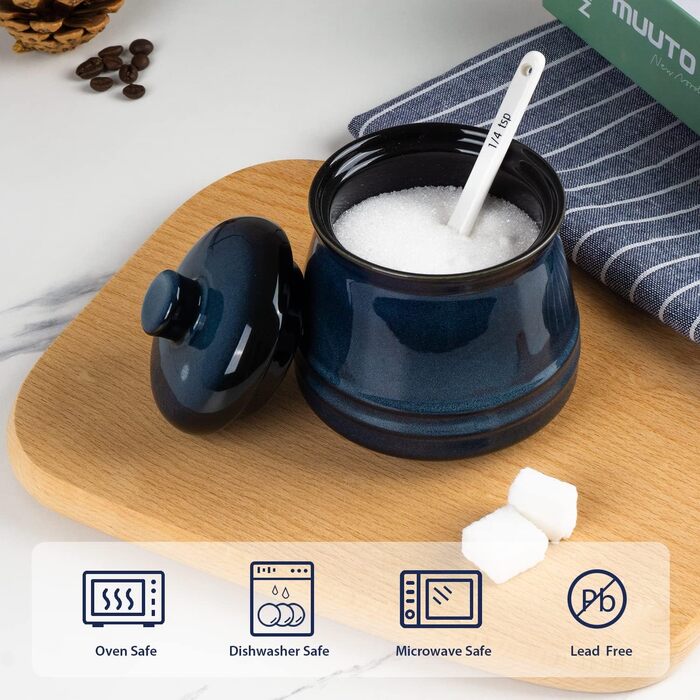 Porcelain sugar bowl, 10 oz spice jar with lid and spoon, sugar bowl for coffee bar, salt container for kitchen, blue