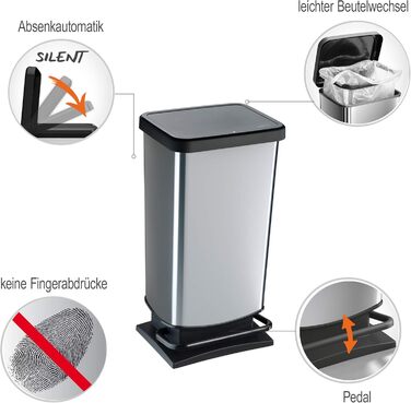 Відро для сміття Rotho Paso 40л з педальним механізмом, сріблястого кольору, BPA-free, пластик (PP)