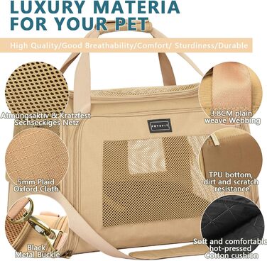 Транспортна переноска для котів та собак Petsfit, складана сумка-переноска, 50L x 33B x 33H см, з м'яким розкладним килимком та регульованим плечовим ременем, Khaki