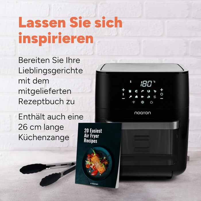 Аерофритюрниця Noaton A120 Ultra Pro 12 л, без олії, 1800 Вт, 10 програм, цифровий дисплей, компактна, для 1-4 осіб, з кулінарною книгою та кухонними щипцями, чорна
