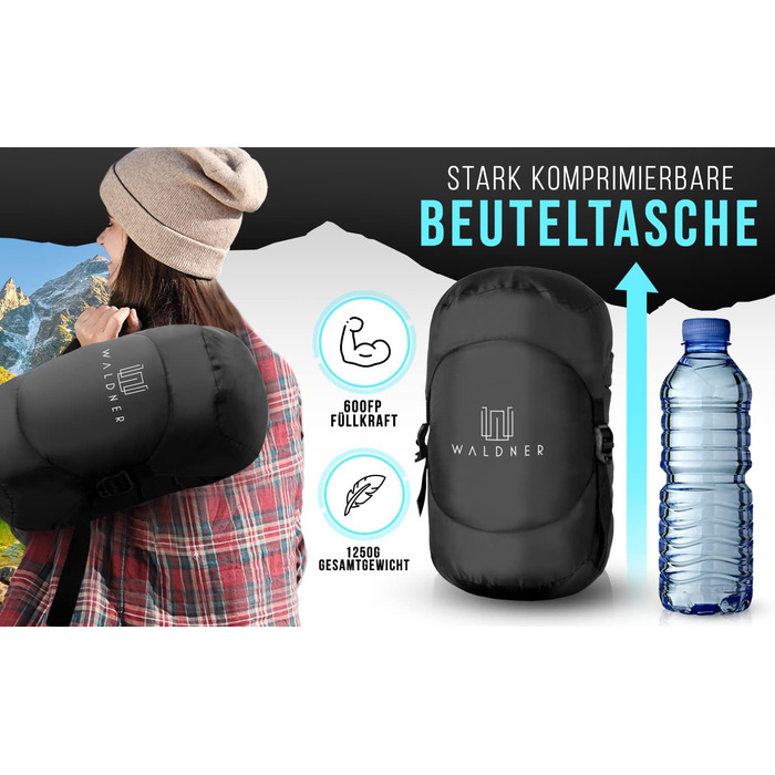 Спальний мішок WALDNER Daunenschlafsack Ultraleicht - ультралегкий, 4 сезони, 800г пуху, 600FP, для кемпінгу та відпочинку на природі (до 200см)