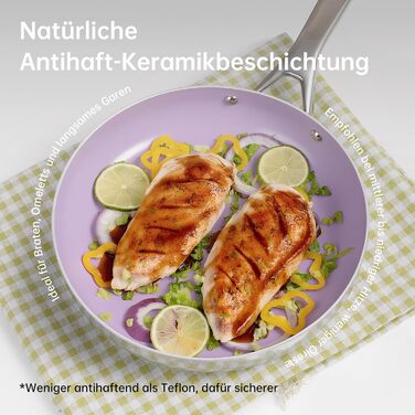Набір сковорідок з антипригарним керамічним покриттям Tjean (без PTFE, PFOA, PFAS) з нержавіючою ручкою, підходить для індукційних, газових, електричних плит та духовки до 280°C (фіолетовий, 26 см)
