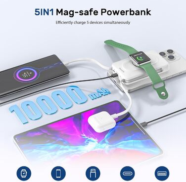 Power Bank 5-в-1 з 2 кабелями, 10000 mAh, магнітна бездротова батарея з кріпленням та підставкою, швидка зарядка, зовнішній акумулятор для iPhone 16/15/14/13, iWatch, подорожі, кемпінг, на вулицю