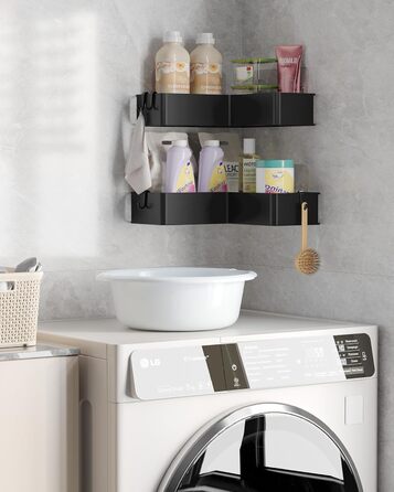 Поличка для душу Kitsure L-подібної форми без свердління - 2 шт. Міцна поличка для кута без свердління з 4 гачками та клейкими смугами, нержавіюча сталь для ванної, кухні та пральні, 24,4 x 11,9 x 6,2 см, Чорний