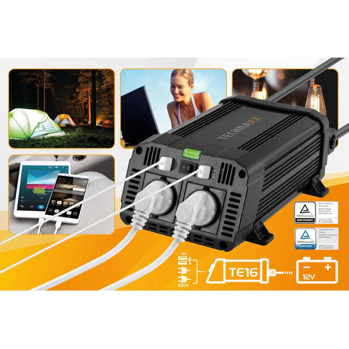 Автомобільний інвертор Technaxx TE16 12В-230В, 1200Вт/2400Вт, 2x Schuko, 2x USB, TÜV Rheinland, перетворювач напруги