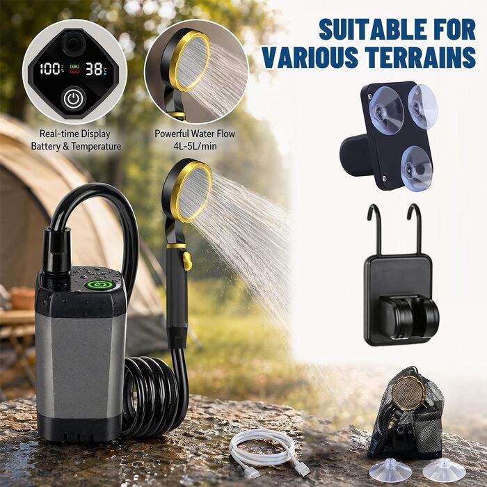 Портативний душ для кемпінгу з насосом та акумулятором 9000mAh Campingdusche - мобільний душ для подорожей, пляжу, ванлайфу