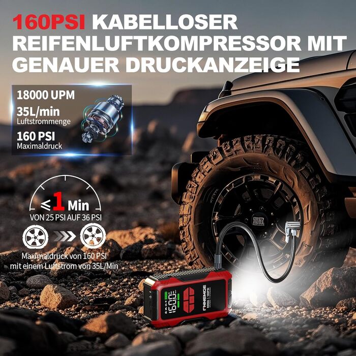 Пауербанк для авто FNNEMGE 26800mAh з пусковим струмом 6500A, компресором 160PSI, LCD-дисплеєм та LED-підсвіткою