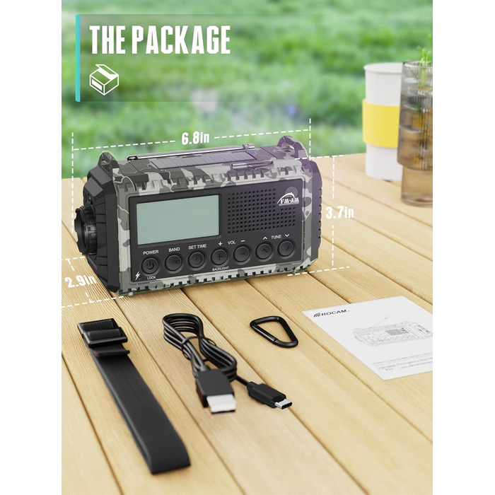 Радіо на сонячній батареї та з ручним генератором | Powerbank 12000mAh | AM/FM/SW, SOS, USB-C, IPX4, ліхтарик | для кемпінгу та відпочинку на природі (Граутарт)