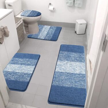 Enyhom 4-Piece Microfiber Bath Mat Set - Non-Slip Bathroom Rugs & Toilet Lid Cover (Blue, 45x65cm, 45x120cm, 50x60cm, 48x53cm)