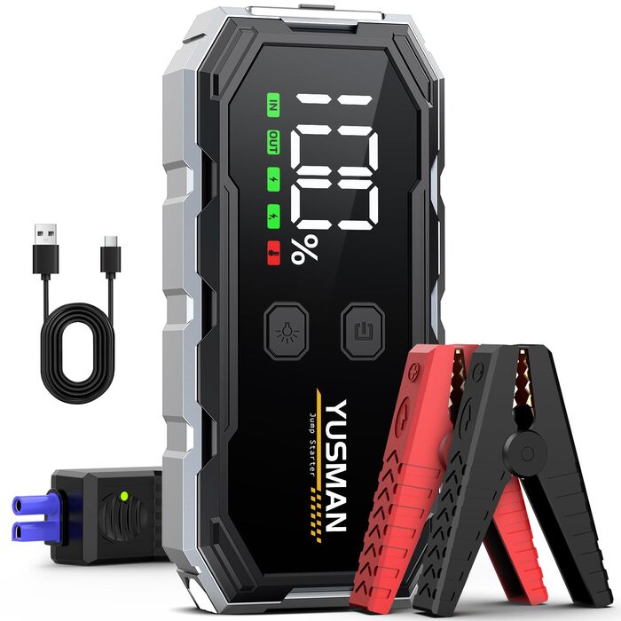 Powerbank для прикурювання YUSMAN 6000A 12V для авто (бензин/дизель) з LCD дисплеєм та LED ліхтарем - для легкових авто, мотоциклів, газонокосарок