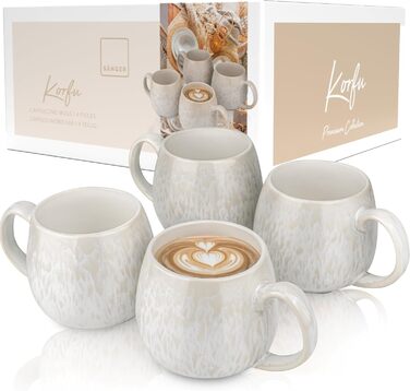 Набір чашок SÄNGER Korfu (4 шт.) - чашки для кави та чаю, ручної роботи, 300 мл, кремовий колір, з пісочною текстурою, преміум-якість, набір на 4 персони, стійкі до миття в посудомийній машині