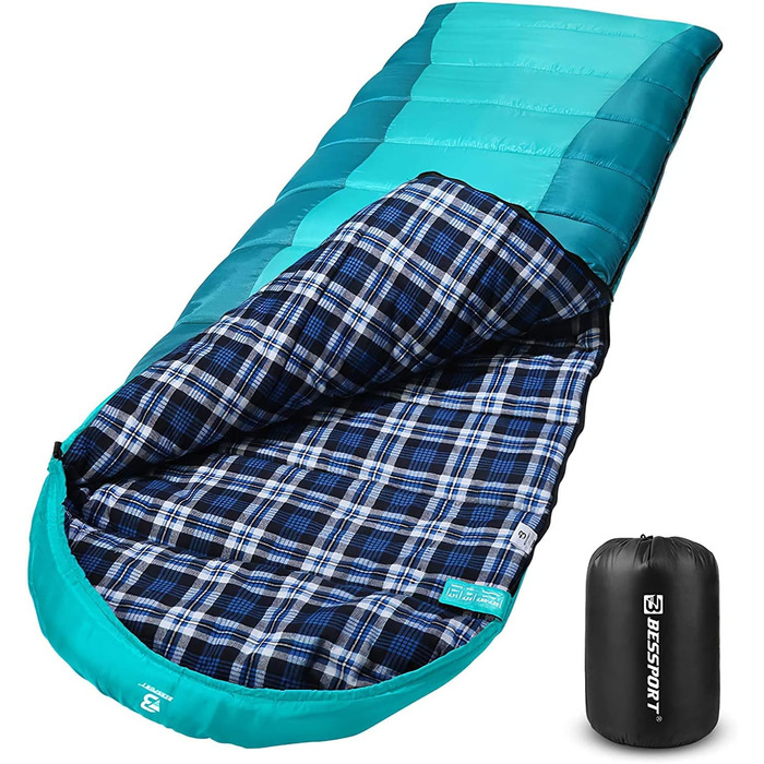 Спальний мішок Bessport фланелевий для кемпінгу 3-4 сезони -10°C-20°C | Зимовий, легкий, водонепроникний та теплий спальний мішок для дорослих та дітей, для подорожей з рюкзаком, кемпінгу, походів та подорожей. Фланелева підкладка, блакитний/зелений (-5°C