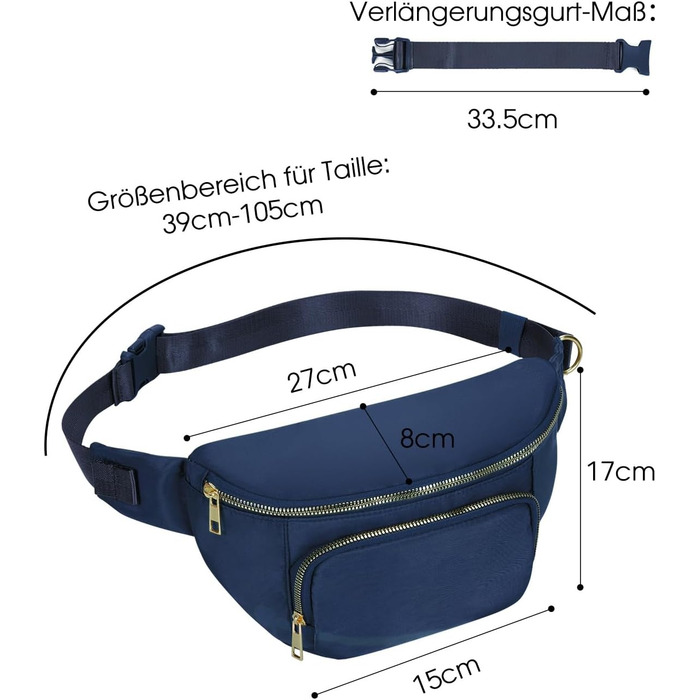 Чоловіча та жіноча бананка на пояс, стильна сумка-бананка з 4 кишенями на блискавці та регульованим ремінцем, ідеальна для подорожей та піших прогулянок (Запатентовано), колір: темно-синій