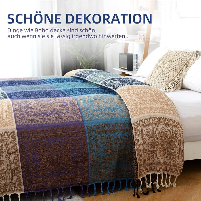 HOORDRY Chenille Woven Throw Blanket, Double-Sided Boho Blanket with Tassels, Double Bed Coverlet, Noble and Cozy Soft TV Blanket Sofa Blanket Reversible Bedspread, 220x260CM, Purple/Blue Purple 220 x 260 cm
