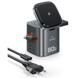 Зарядний пристрій Toocki 80W GaN з USB-C та USB-A, 6 портів, з вбудованим кабелем та MagSafe для MacBook, iPhone 17 Pro Max, Galaxy S24 та інших пристроїв