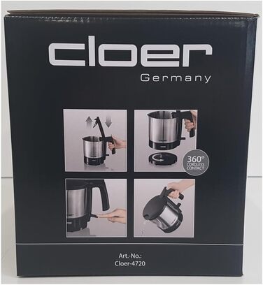 Електричний чайник Cloer 4701 із нержавіючої сталі, 1.5 л, 2200 Вт, з фільтром від накипу та захистом від перегріву (Чорний)